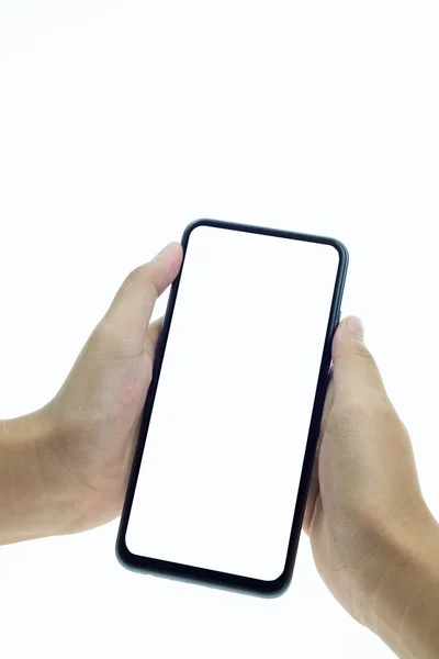 Mobiele telefoon in hand holding met leeg scherm. — Stockfoto