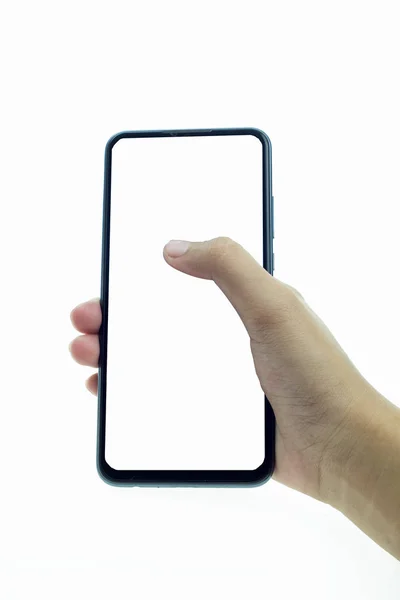 Mobiele telefoon in hand holding met leeg scherm. — Stockfoto