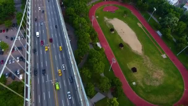 Vista Aérea Del Tráfico Puente Con Personas Una Pista Campo — Vídeos de Stock