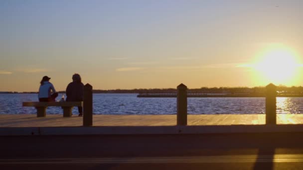 水によってベンチに夕日を楽しんでいる二人の女性 — ストック動画
