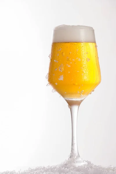 Fresh beer in cold glass over frost — Stock Photo, Image