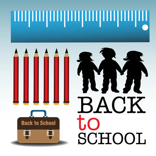 Colorful Illustration Three Children Red Pencils Schoolbag Blue Ruler Back — Stock Vector