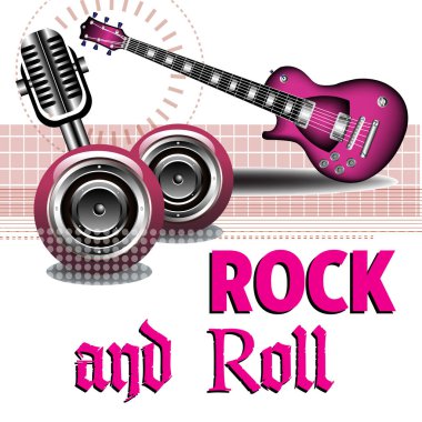 Elektro gitar, eski mikrofon, hoparlörler ve Rock and Roll pembe harflerle yazılmış metin renkli resimde