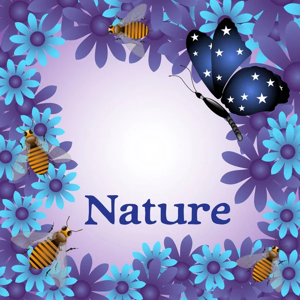 Marco Floral Con Flores Azules Abejas Una Mariposa Concepto Naturaleza — Vector de stock