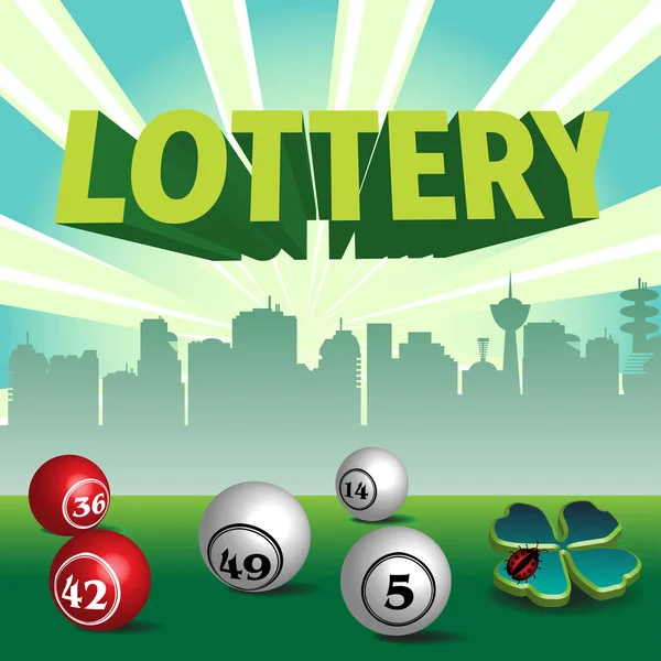 Bunter Hintergrund Mit Lotteriekugeln Vierblättrigem Kleeblatt Und Dem Wort Lotterie — Stockvektor