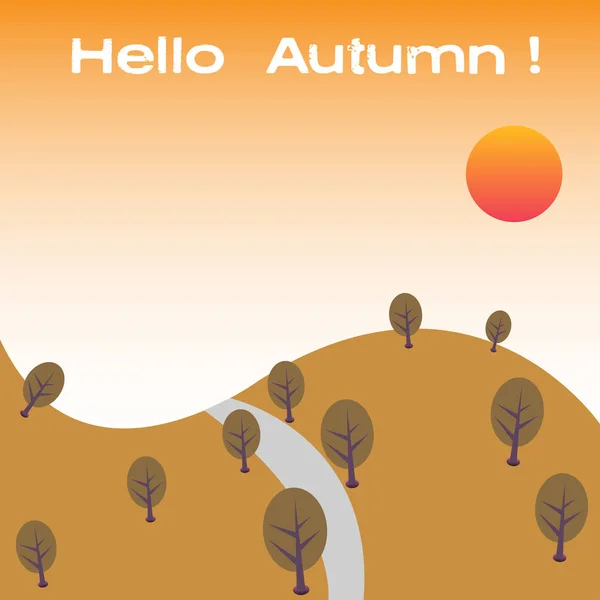 カラフルなイラスト 茶色の木と丘と空に書かれたテキストこんにちは秋 ロイヤリティフリーのストックイラスト