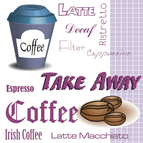Fond Coloré Avec Tasse Café Grains Café Texte Emporter Café — Image vectorielle