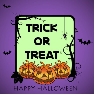 Kötü kabaklar ve metin hüner ya da çerçevenin içinde yazılı şeker renkli çerçeveli. Cadılar Bayramı kartpostal kavramı