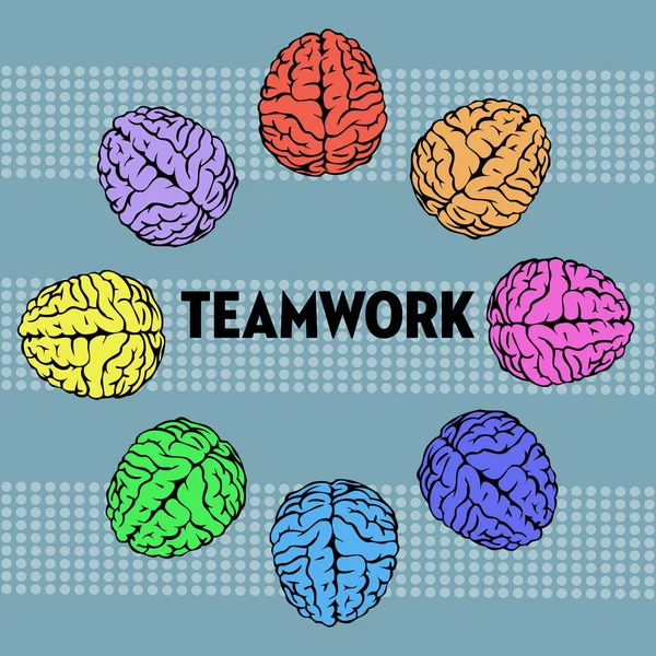 Abstrakter Bunter Hintergrund Mit Mehr Gehirnen Rund Das Wort Teamwork Stockillustration
