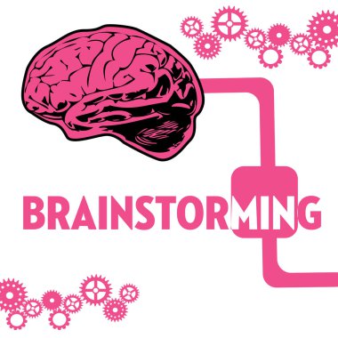 Renkli arka plan, beyin ve pembe harflerle yazılmış kelime beyin fırtınası