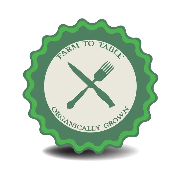 Isolated Green Badge Fork Knife Text Farm Table Written Badge — Stock Vector