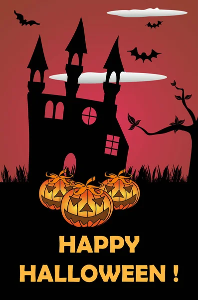 Colorato Saluto Halloween Con Zucche Malvagie Antico Castello Pipistrelli Volanti — Vettoriale Stock