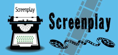 Typewriting makine, film makaraları, film şeridi ve siyah harflerle yazılmış metin senaryo ile renkli arka plan