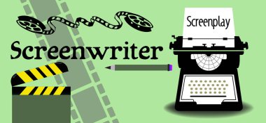Typewriting makine, klaket, film makaraları, film şeridi, kalem ve siyah harflerle yazılmış kelime senarist ile renkli arka plan