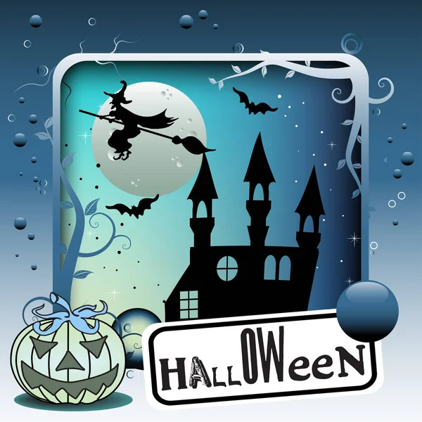 Halloween Frame Met Vliegende Heks Vleermuizen Oude Kasteel Kwaad Pompoen — Stockvector