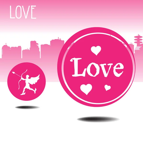 ピンクのキューピッド記号は つの背景色と丸みを帯びた要素に書かれて単語の愛 — ストックベクタ