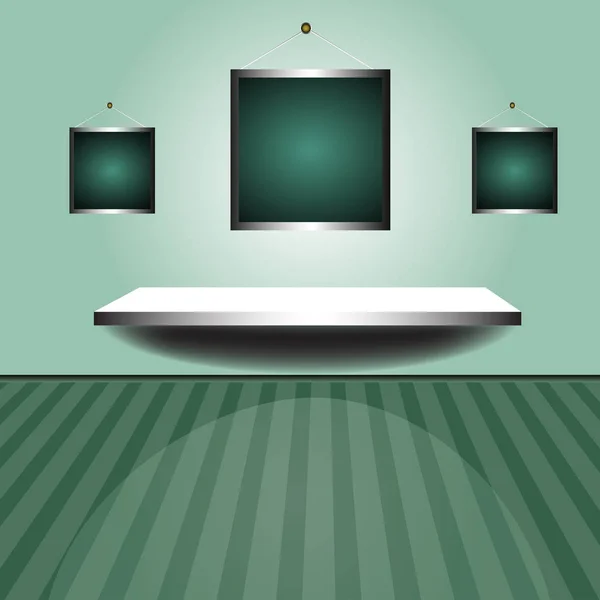 Barevné Pozadí Zeleným Interiérem Třemi Prázdné Rámy Police — Stockový vektor