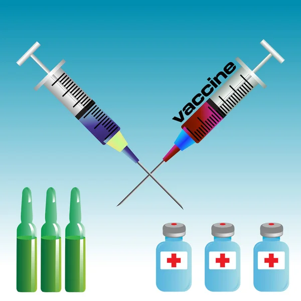 Πολύχρωμη Εικονογράφηση Δύο Σύριγγες Και Φιαλίδια Περισσότερο Εμβόλιο Έννοια — Διανυσματικό Αρχείο