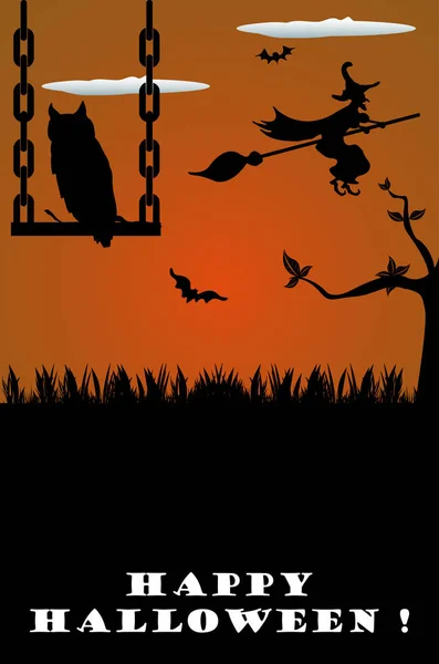 五颜六色的插图与一个女巫在扫帚上飞行 一个看猫头鹰和小蝙蝠飞行 万圣节主题 — 图库矢量图片