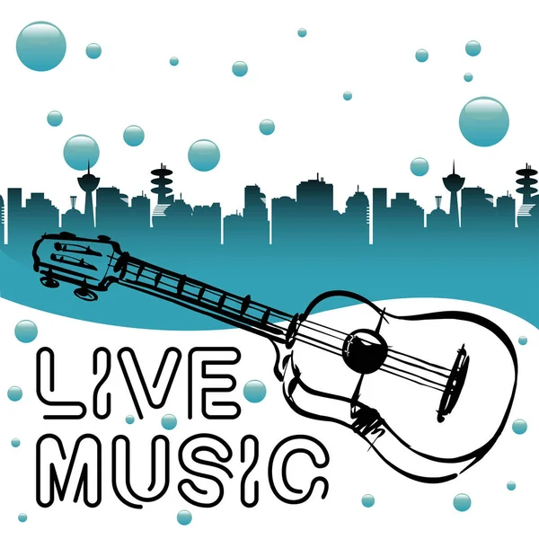 Colorful Background City Buildings Blue Bubbles Guitar Text Live Music — Stock Vector