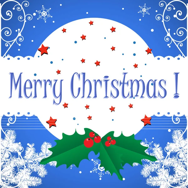 五颜六色的插图与白雪皑皑的杉木树枝 槲寄生和文本圣诞快乐写在蓝色 — 图库矢量图片