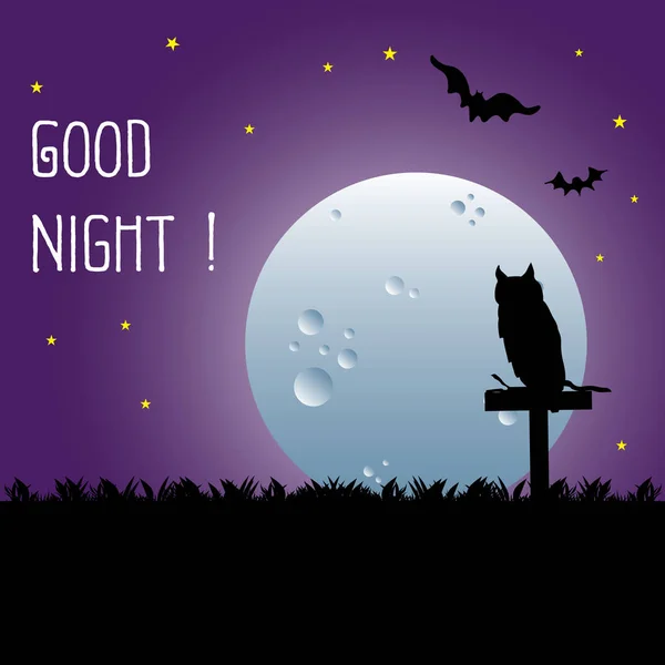 五颜六色的背景猫头鹰站在满月的光和文字美好的夜晚写在天空上 免版税图库矢量图片