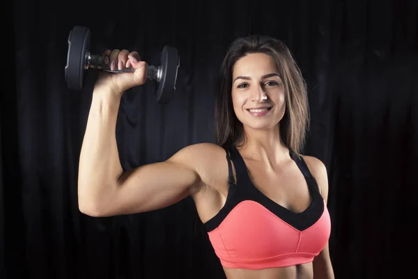 Beautiful Brunette Bright Sports Form Perfect Body Posing Dumbbells Dark — Stock Photo, Image