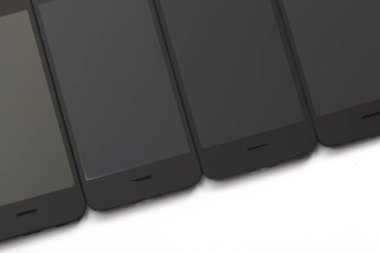 Beyaz arka planda dört yeni cep telefonu ekranı. Telefon ekranının değiştirilmesi kavramı