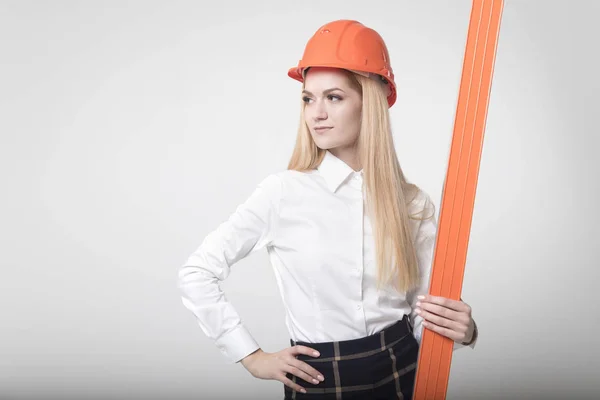 Girl Construction Helmet Orange Building Level Light Background Concept Work — Stock Photo, Image