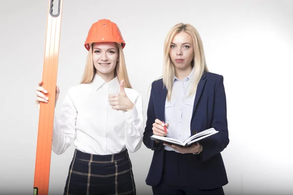 Two Girls Construction Engineer Standing White Background — Stock Photo, Image