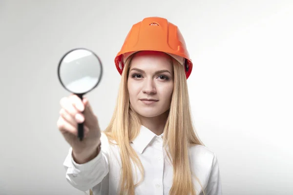 Girl Engineer Protective Helmet Magnifying Lens — Stock Photo, Image