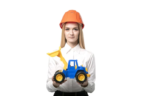 Girl Engineer Protective Helmet Holding Excavator Concept Work Engineer Isolated — Stock Photo, Image