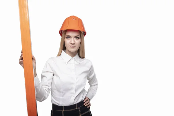 Girl Construction Helmet Orange Building Level Concept Work Engineer Isolated — Stock Photo, Image