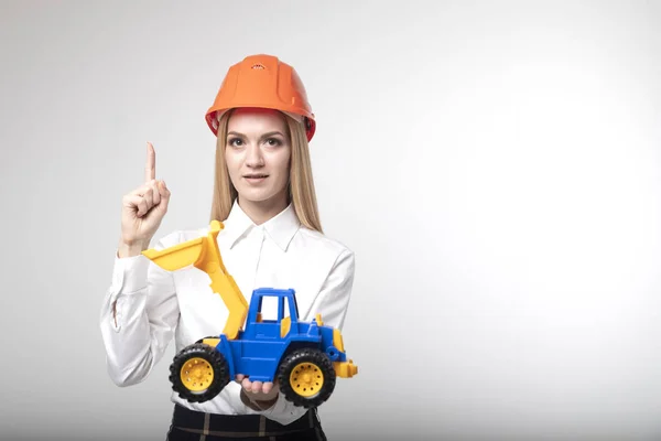 Girl Engineer Protective Helmet Holding Excavator Concept Work Engineer — Stock Photo, Image