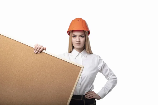 Girl Protective Helmet Holding Board Cork Notes Isolated — Stock Photo, Image