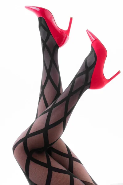 Ноги Дівчини Колготках Червоним Взуттям Білому Тлі — стокове фото