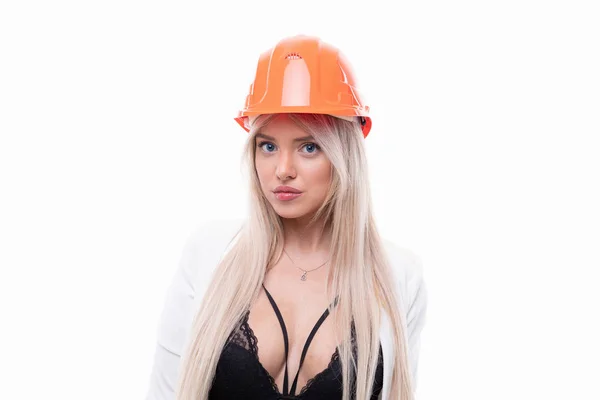 Sexig Blondin Poserar Orange Bygghjälm — Stockfoto