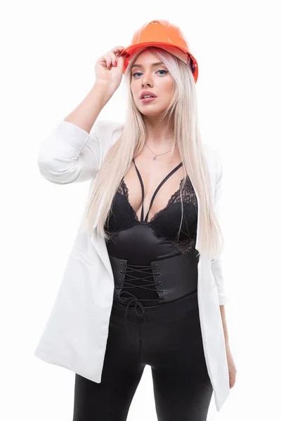 Sexy Blondine Posiert Orangefarbenem Bauhelm — Stockfoto