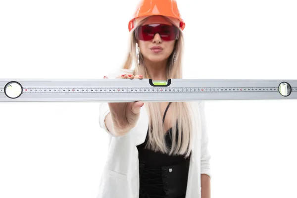 Sexy Blonde Posing Orange Construction Helmet Goggles Holding Construction Level — Stock Photo, Image