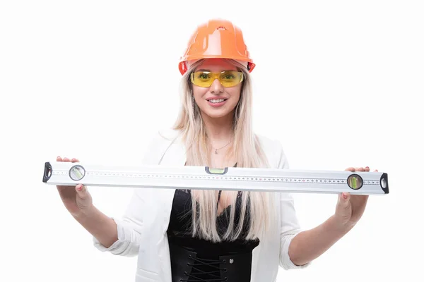 Sexy Blonde Posing Orange Construction Helmet Goggles Holding Construction Level — Stock Photo, Image