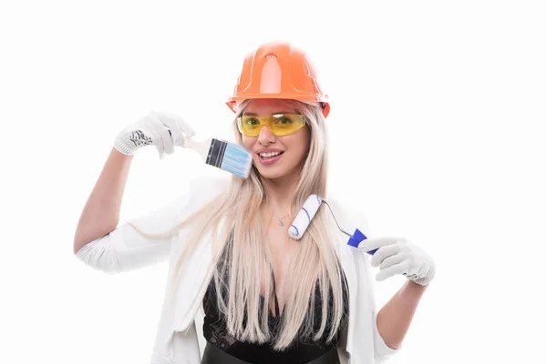 Sexy Blonde Orange Construction Helmet Glasses Makes Makeup Construction Brush — Stock Photo, Image