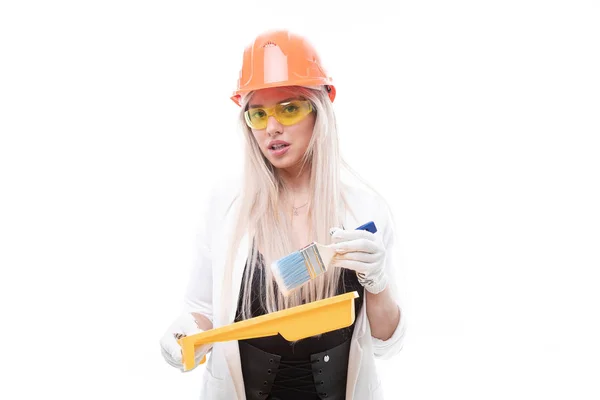Blonde Orange Construction Helmet Goggles Dips Brush Tray Paint — Stock Photo, Image