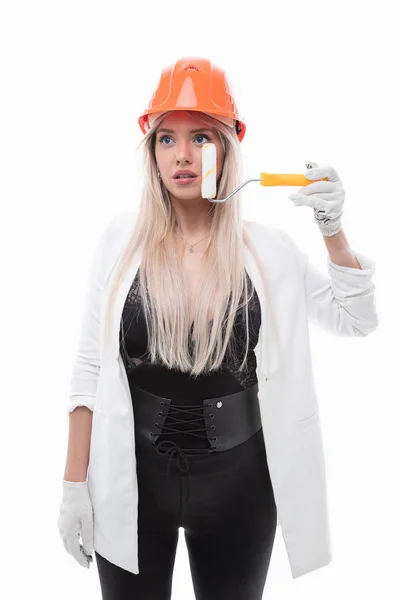 Blonde Does Makeup Construction Roller Painting Walls Concept Incompetence Makeup — Stock Photo, Image