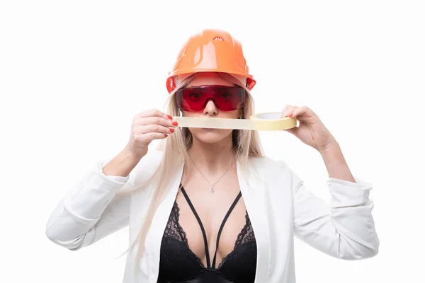 Girl Stick His Mouth Duct Tape — Stock Photo, Image