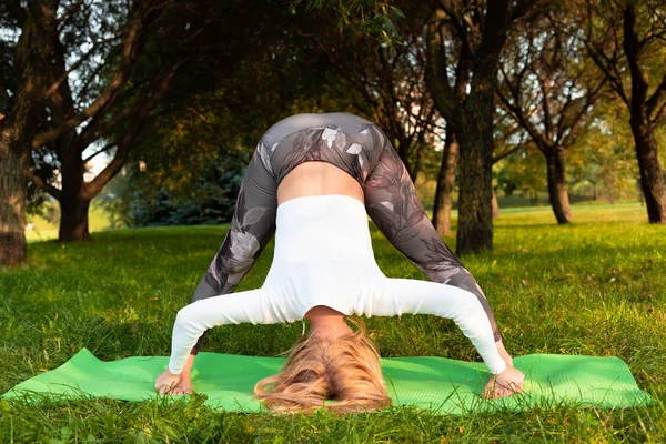 Beyaz Tişörtlü Spor Taytlı Bir Kız Parkta Yoga Yapıyor — Stok fotoğraf