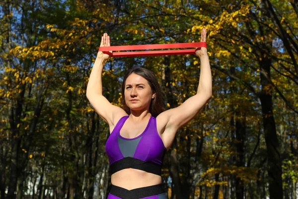 Sporty Girl Doing Exercises Fitness Rubber Band Park — Stock Photo, Image