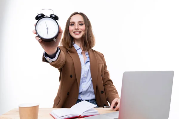 Girl Brown Business Suit Holds Clock Shows End Working Day — Stock Photo, Image