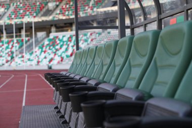Çok amaçlı bir stadyumdaki takımlar için büyük deri koltuklar.