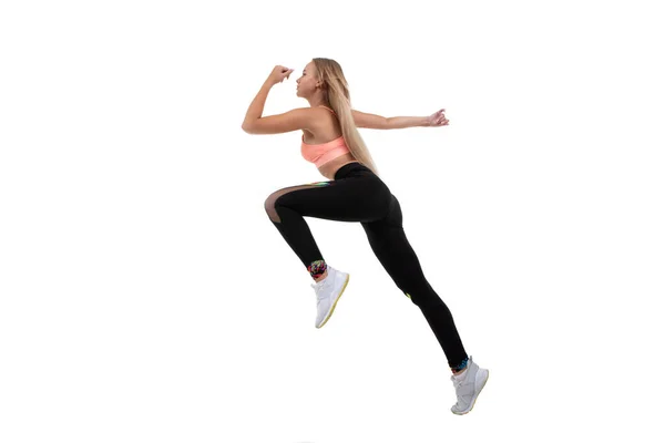 Sportief Mooi Blond Een Roze Top Legging Sneakers Loopt Vooruit — Stockfoto