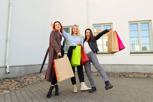 Three Happy Young Women Shopping Bags — Stock Photo, Image